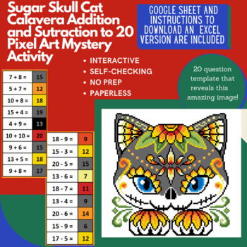 Preview of Sugar Skull Calavera Cat Addition and Subtraction to 20 Pixel Art Mystery Reveal