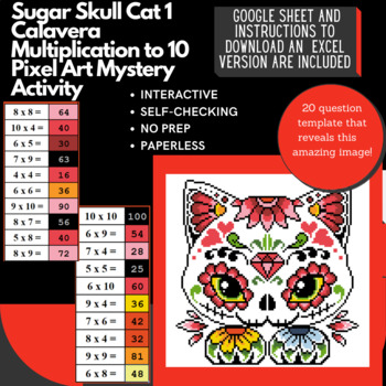 Preview of Sugar Skull Calavera Cat Multiplication to 10 Pixel Art Mystery Reveal