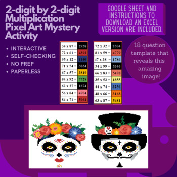 Preview of Sugar Skull Calavera Couple 2-digit by 2-digit Multiplication Pixel Art