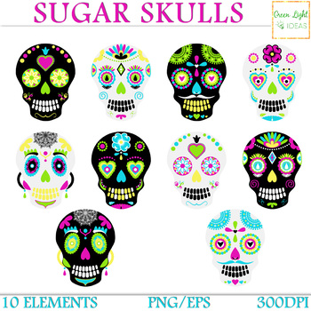 Sugar Skull Clip Art- Set of 12 Colorful Sugar Skulls, PNG, JPG and Vector  Files