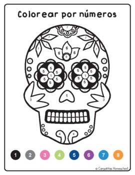 Sugar skull color by number day of the dead / Pintar por números Día de  muertos