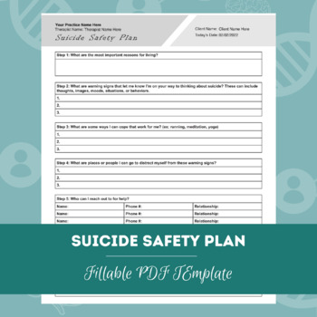 Preview of Suicide Safety Plan Template Editable/Fillable/Printable PDF