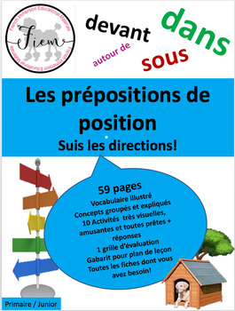 Preview of Suis les directions!, Les prépositions, unité complète + 10 activités, 59 pages