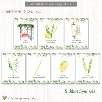 Preview of Sukkot Symbols, Printable, Arba'at Haminim, Sukkah, Simchat Torah, Jewish