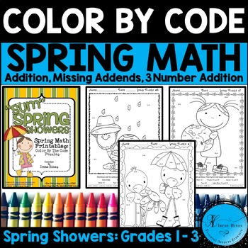 Preview of Spring Math Color By Number Code Missing Addends, 3 Addends Coloring Pages