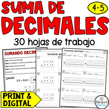 Preview of Suma de decimales - Adding Decimals in Spanish Worksheets