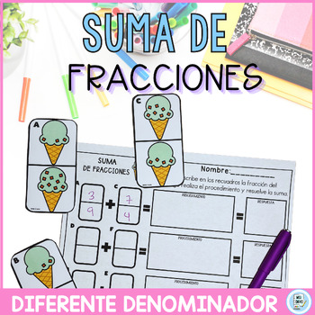 Preview of Suma de fracciones | Fractions Adding unlike denominators Spanish