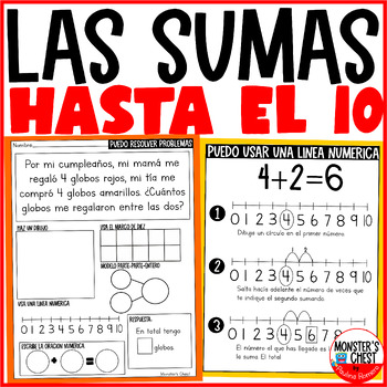 Preview of Sumas hasta el 10 Problemas matemáticos Spanish Addition Word Problems Español