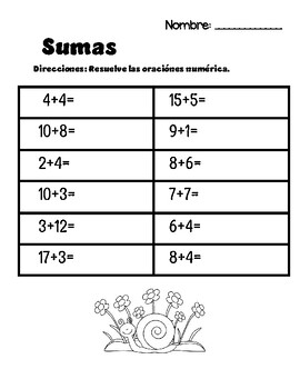 Preview of Sumas - Math Addition Spanish 0-20