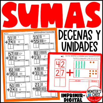 Preview of Sumas dos cifras 2 Digit Addition without Regrouping in Spanish decenas unidades