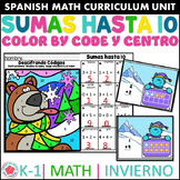 Sumas hasta 10 Invierno Colorea y Centro Color by code and