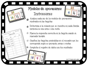 Preview of Sumas o restas - Spanish Classification Game & Worksheets - Model Drawing
