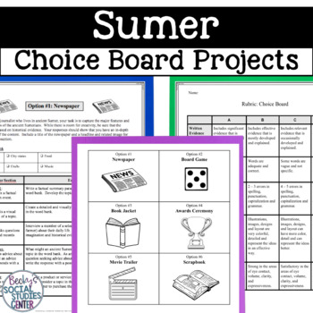 Preview of Sumer Mesopotamia Choice Board Menu Projects