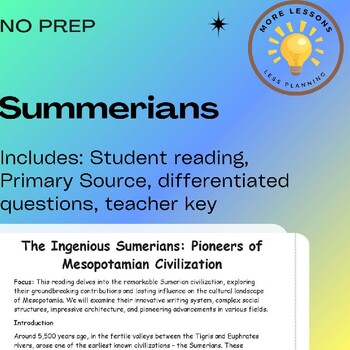 Preview of Sumerians: Pioneers of Mesopotamia Civilization Reading Comprehension Worksheet