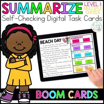 Preview of Summarize Digital Task Cards LEVEL 1 | Boom Cards™ | SWBST | Distance Learning