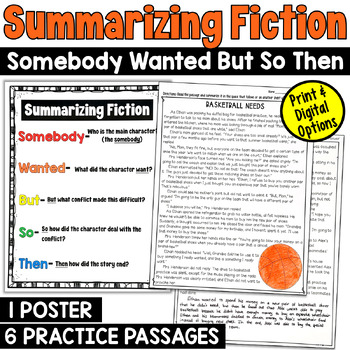 Preview of Summarizing Fiction Worksheets: 6 Practice Passages and 1 Poster