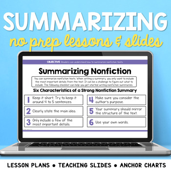 Preview of Summarizing Nonfiction Mini Lessons: Lesson Plans, Google Slides, & Posters