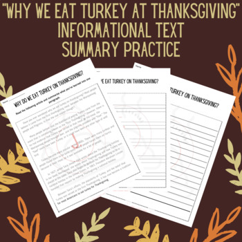 Preview of Summarizing Nonfiction Text: Thanksgiving 4th to 6th Grade Summary Practice