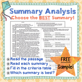 Summary Analysis Sampler--3 FREE Passages with Summary Criteria Tables