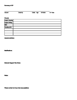 Preview of Summary Of IEP Template