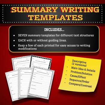 Preview of Summary Writing Templates for Different Text Structures