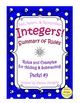 Preview of Summary of Rules for Adding and Subtracting Integers