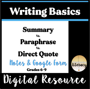 Preview of Summary vs. Paraphrase vs. Direct Quote Lecture, Notes, & Digital Practice