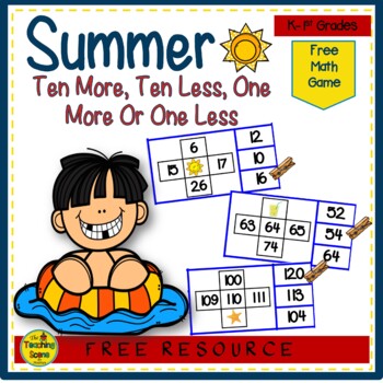 Preview of Summer 10 More, 10 Less, 1 More or 1 Less Math Clip Game {FREE}