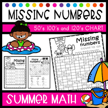 Preview of Summer 120 Charts Missing Number Worksheets- 50, 100, 120 Chart | Hundreds Chart