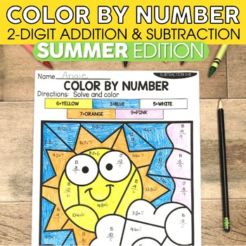 Preview of Summer Coloring Pages - 2-Digit Addition and Subtraction Color by Number