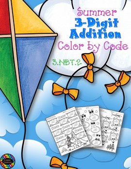 Preview of Summer 3-Digit Addition with Regrouping Color-by-Code Printables