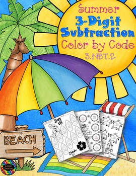 Preview of Summer 3-Digit Subtraction with Regrouping Color-by-Code Printables