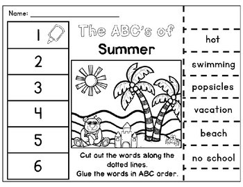 summer abc order cut paste worksheets alphabetical order no prep printables