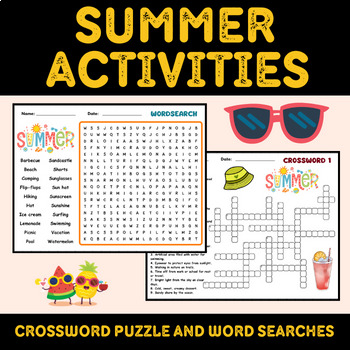 Summer Activities Crossword Puzzle and Word Searches Grade 4th 5th 6th 7th