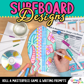Preview of Surfboard Art Project, Elementary Art Sub Plans, Roll A Dice Game for Summer