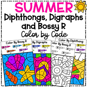 Preview of Summer Activities Digraphs Diphthongs Bossy R Color by Code