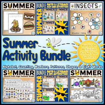 Preview of Summer Fine Motor Math and Literacy Activities Bundle for Centers and Stations