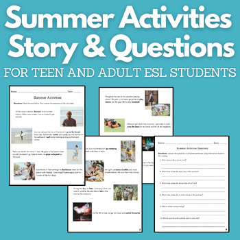 Preview of Summer Activities Story and Comprehension Questions for ESL Students