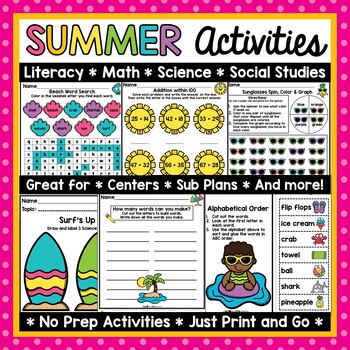 Preview of Summer School Activities with No Prep Review Worksheets First Grade Second Grade