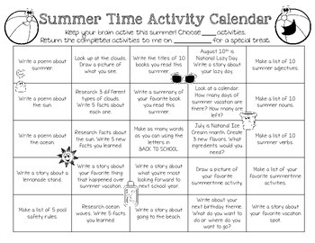 Summer Activity Calendar by Click and Teach | Teachers Pay Teachers