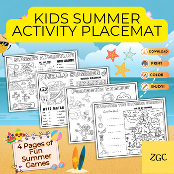 Preview of Summer Activity Placemats, Kids Activities, Student Games Sheet, Early Learner