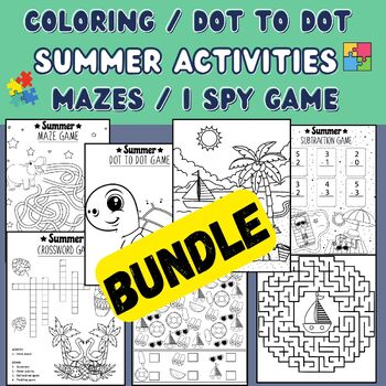 Preview of Summer Activity worksheet Bundle, coloring pages, dot to dot, I spy game, mazes.