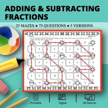 Preview of Summer: Adding & Subtracting Fractions Maze Activity