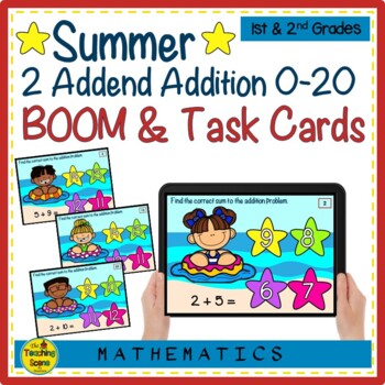 Preview of Summer Addition Facts 0-20 BOOM & Task Cards Digital Resource