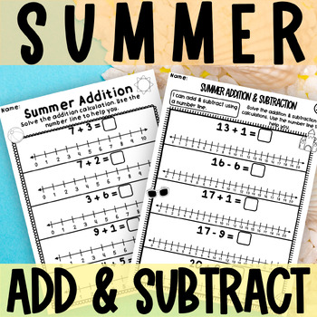 Preview of Summer Addition Subtraction Number Line Worksheet Bundle Kindergarten