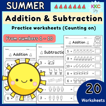 Preview of Summer Addition & Subtraction Practice Worksheet (Counting On) From Numbers 1-10