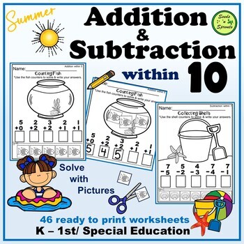 Preview of Summer Addition & Subtraction Within 10 (With Counters) for K-1st, Special Ed.