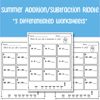 Preview of Summer Addition/Subtraction Worksheet  *FREEBIE!*