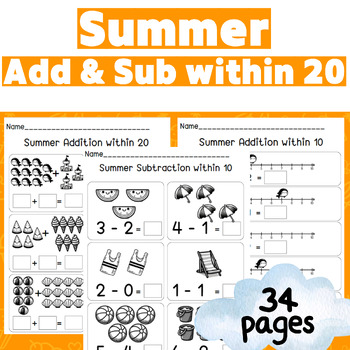 Preview of Summer Addition & Subtraction within 20 with Picture & Number line Sunny Summer