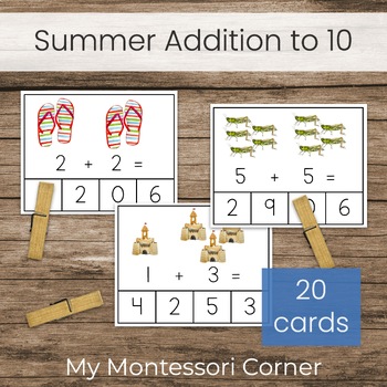 Preview of Summer Addition Within 10 Clip Cards, Math Center Activity